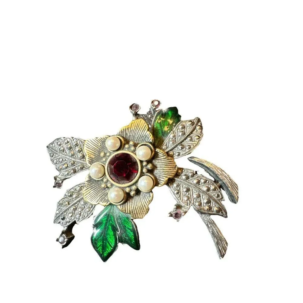 Vintage Avon Christmas Flower Brooch Pin Enamel Faux Pearl Rhinestones